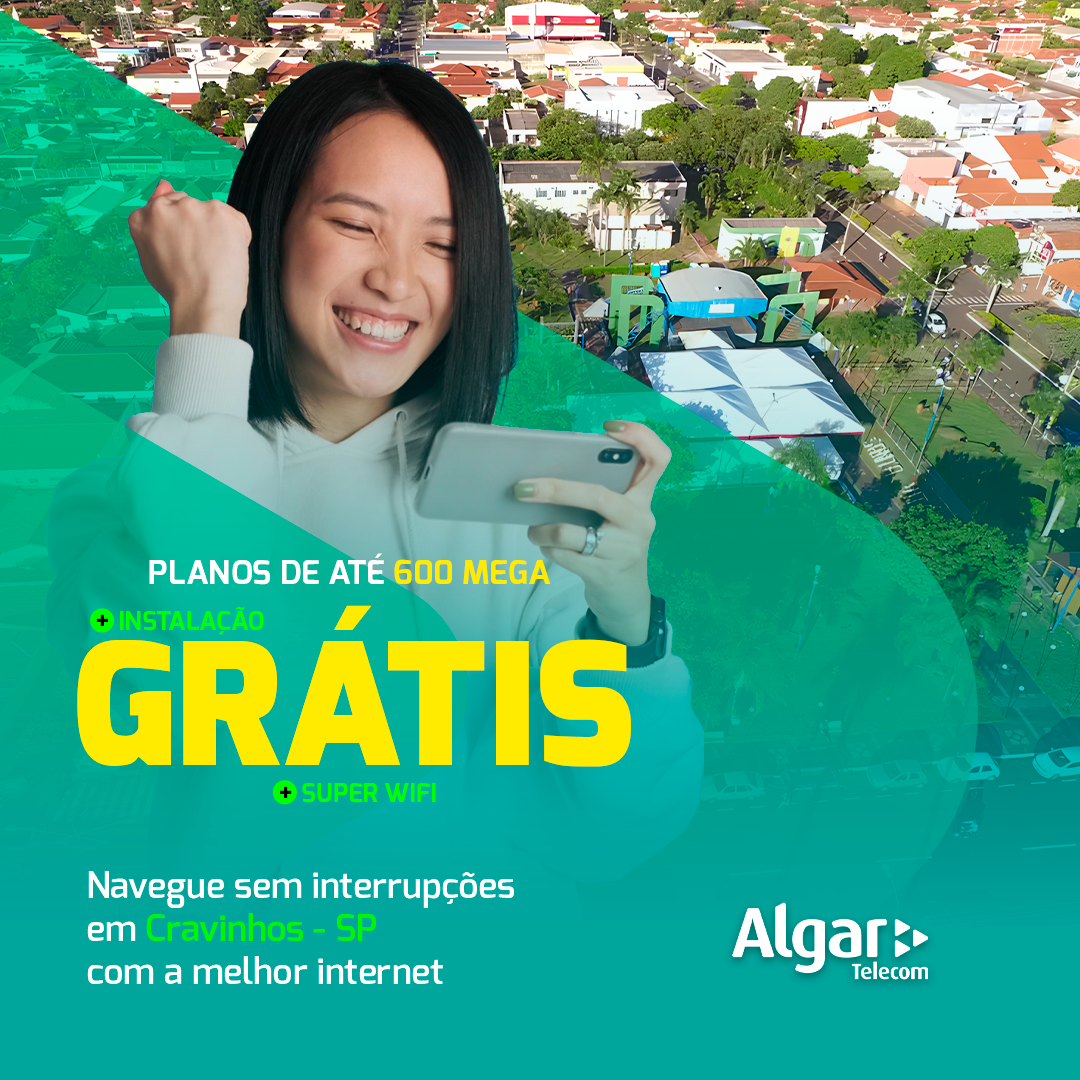 Anúncio Algar Telecom — planos de até 600 mega em Cravinhos-SP, formato quadrado