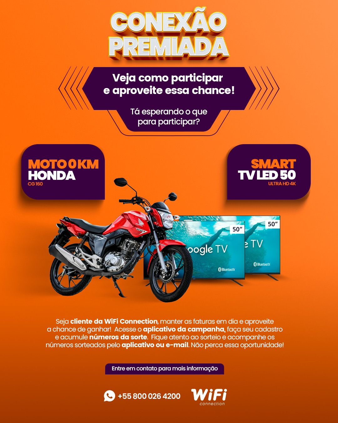 Carrossel WiFi Connection, lâmina 5: detalhes dos prêmios, moto Honda CG160 e TV LED 50